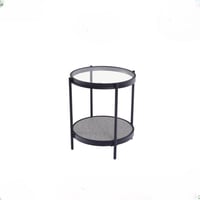 طاولة خدمة عصريه مكونه من سطحين زجاج وخشب بقاعدة م...