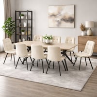 طقم طاولة سفره خشب مع 8 كراسي قماش – لون بيج