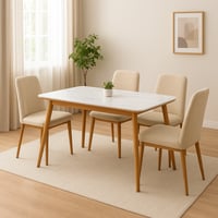 طاولة طعام رخام مع 4 كراسي قماش مبطن-بيج