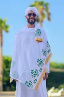 طقم عمة وشال باللون الذهبي والتركوازي