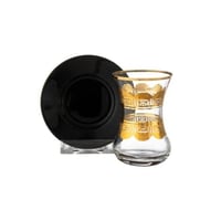 طقم شاي زجاج ذهبي صحن اسود 12 قطعة