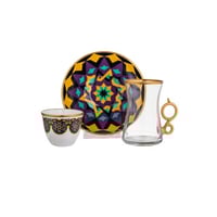 طقم شاي وقهوة زجاج تركي 18 قطعة موف ذهبي