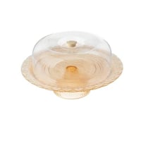 صحن كيك زجاج تركي بقاعدة وغطاء أكليرك عسلي