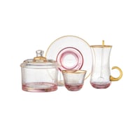 طقم شاي وقهوة زجاج تركي 26 قطعة وردي ذهبي