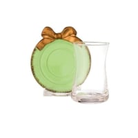 طقم شاي زجاج مع صحن خشب أخضر 12 قطعة