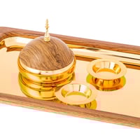 طقم تمرية فاخر مع صينية معدن خشبي ذهبي 4 قطعة