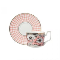 طقم فنجان شاي بورسلين قطعتين وردي مع ذهبي