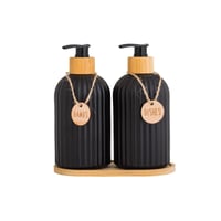 طقم موزع صابون 2 قطع مع قاعدة خشب