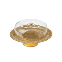 صحن كيك زجاج تركي بقاعدة وغطاء أكليرك ذهبي