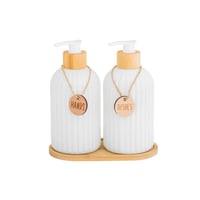 طقم موزع صابون 2 قطع مع قاعدة خشب