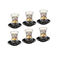 طقم شاي زجاج فضي ذهبي صحن اسود 12 قطعة