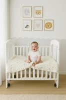 سرير أطفال خشبي أبيض / مهد مع ناموسية وعجلات - سري...