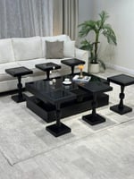 طقم طاولات خشب سطح زجاج قاعده خشب 6+1