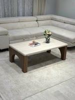 طاولة ضيافة سطح خشب بديل رخام قاعدة خشب بني - تصمي...