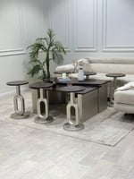 طقم طاولات ضيافة 2+6 – سطح خشب سنديان