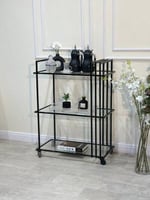 عربة تقديم بثلاثة أدوار حديد اسود زجاج شفاف