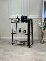 عربة تقديم بثلاثة أدوار حديد اسود زجاج شفاف