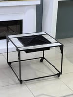 منقل شوي حديد مربع بكفرات متحرك لون اسود رخام ابيض