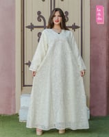 ثوب نسائي لون بيج مطرز فتحة صدر V