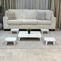 طقم طاولات أرضي 5 قطع خشب أبيض رخامي مربع