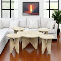 طقم طاولات ضيافة 5 قطع خشب بيج دائري وقاعدة متقاطع...