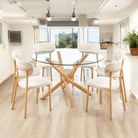 طاولة طعام زجاج دائري 6 كراسي لون بيج