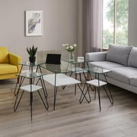 طقم طاولات دورين خشب الون ابيض سطحي زجاج شفاف مع 4...