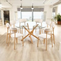 طاولة طعام زجاج دائري 8 كراسي لون بيج