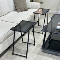 طقم طاولات ضيافة 5 قطع زجاج أسود وهيكل حديد مستطيل