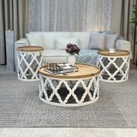 طقم طاولات ضيافة 3 قطع خشب فاتح دائري وهيكل أبيض ب...