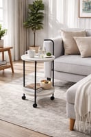 عربة تقديم دائرية خشب مع هيكل معدني وعجلات