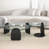 طقم طاولتين ضيافة خشب أسود سطح زجاج دائري شفاف - ب...