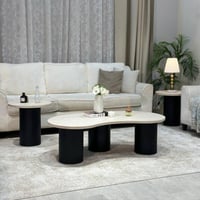 طقم طاولة سطح خشبي قاعدة سوداء مع 2 طاولات خدمة -...