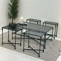 طقم طاولات 5 قطع سطح زجاج قاعده حديد لون اسود