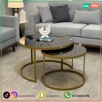 طقم طاولتين ضيافة قزاز بلون بني وهيكل حديدي ذهبي