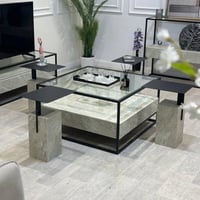 طقم طاولات ضيافة 5 قطع زجاج شفاف وبديل رخام مكعب