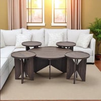 طقم طاولات ضيافة 5 قطع خشب بني دائري وقاعدة متقاطع...