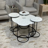 طقم طاولات ضيافة 5 قطع خشب شكل رخام وقاعدة أسود دا...