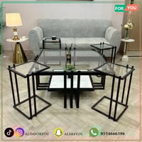 طقم طاولات ضيافة 5 قطع زجاج شفاف وهيكل حديد أسود د...