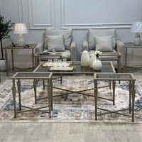 طقم طاولات ضيافة 5 قطع زجاج بني مستطيل وهيكل حديد...