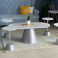 طقم طاولة صاج بيضاوي 5 قطع سطح خشب شكل رخامGM