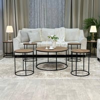 طقم طاولات ضيافة خشب بني فاتح مع 6 خدمة