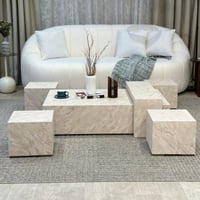 طقم طاولات ضيافة أرضي 5 قطع رخامي بيج بتصميم مكعبا...