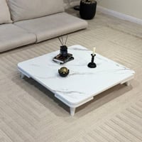 طقم طاولات أرضي 5 قطع خشب أبيض رخامي مربع