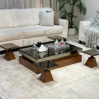 طقم طاولات ضيافة 5 قطع خشب سنديان بني مستطيل بسطح...