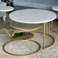 طقم طاولتين ذهبي سطح خشب + زجاج