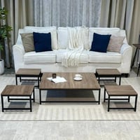 طقم طاولات ضيافة أرضي 5 قطع خشب بني مربعة وقاعدة ح...