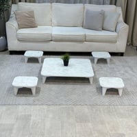 طقم طاولات أرضي 5 قطع خشب أبيض رخامي مربع