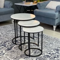 طقم طاولة خدمة 3 قطع حديد اسود سطح خشب شكل رخامي