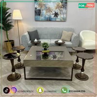 طقم طاولات ضيافة 7 قطع زجاج بني وقاعدة خشبية بتصمي...